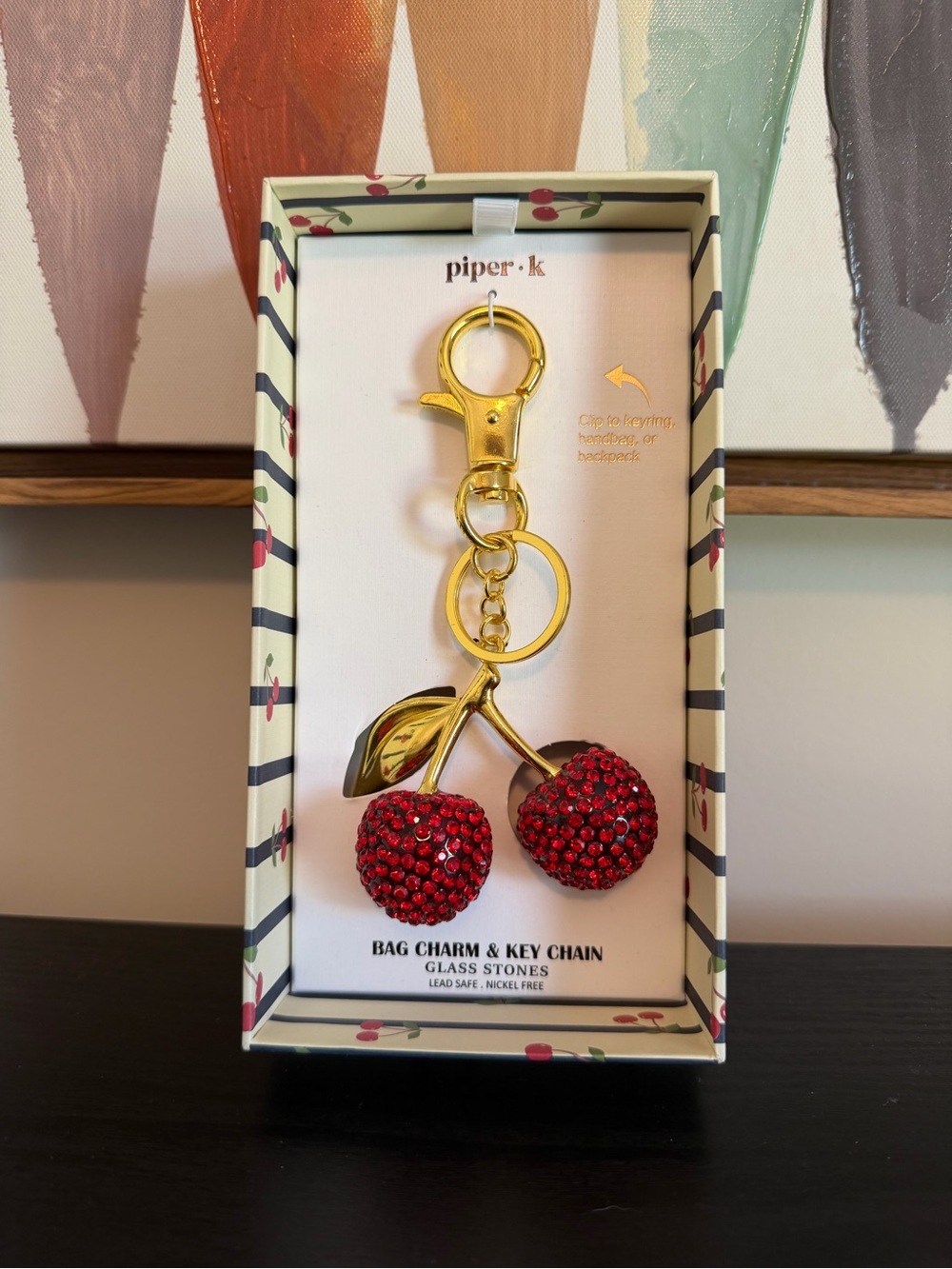 NIB Piper K Rhinestone Cherry Bag Charm Keychain Gold Red Glass Stones Y2K Style